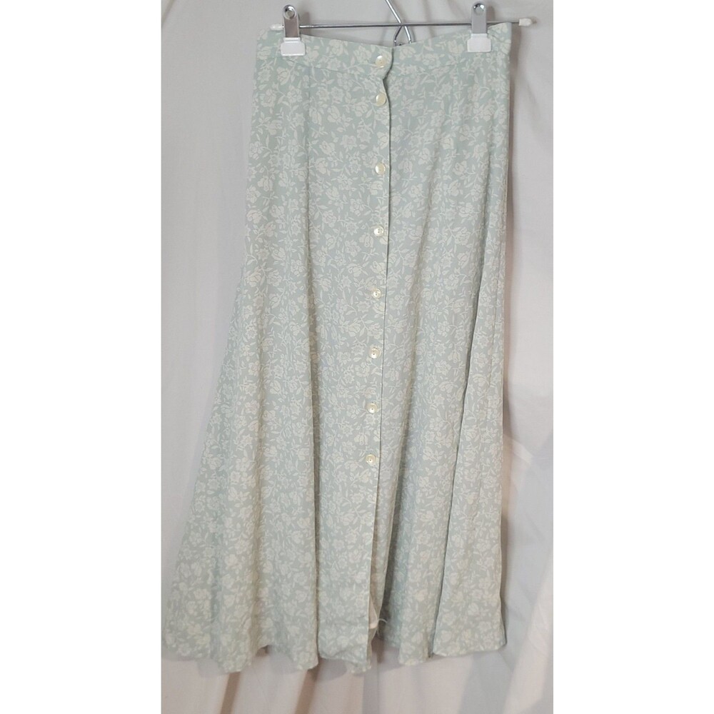 Casual Corner Sage Floral Midi Skirt Womens 6 Cottagecore Button Front Lined